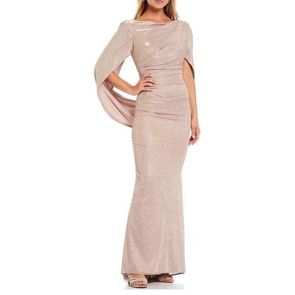 Betsy & Adam Drape Back Boat Neck Galaxy Glitter 3/4 Sleeve Sheath Gown NWT Size - Picture 1 of 11